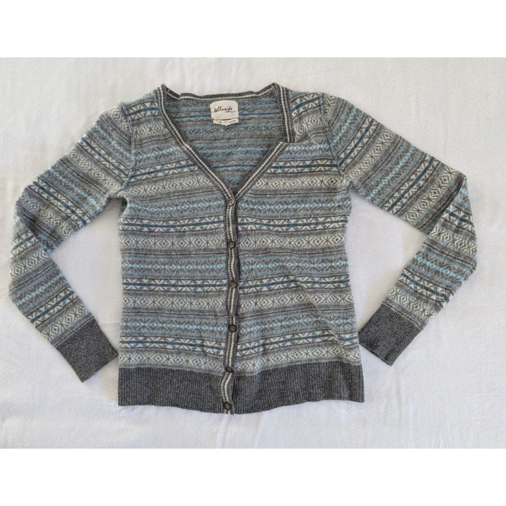 Telluride Cardigan Grey Blue Fair Isle Lambswool Blend Sweater Sz L Cozy Winter